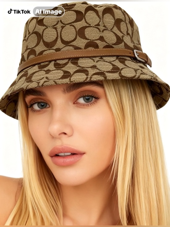 Coach Accessories - Vintage Coach CC Monogram Bucket Hat Brown/Tan Canvas Vegan Leather Accent Y2K